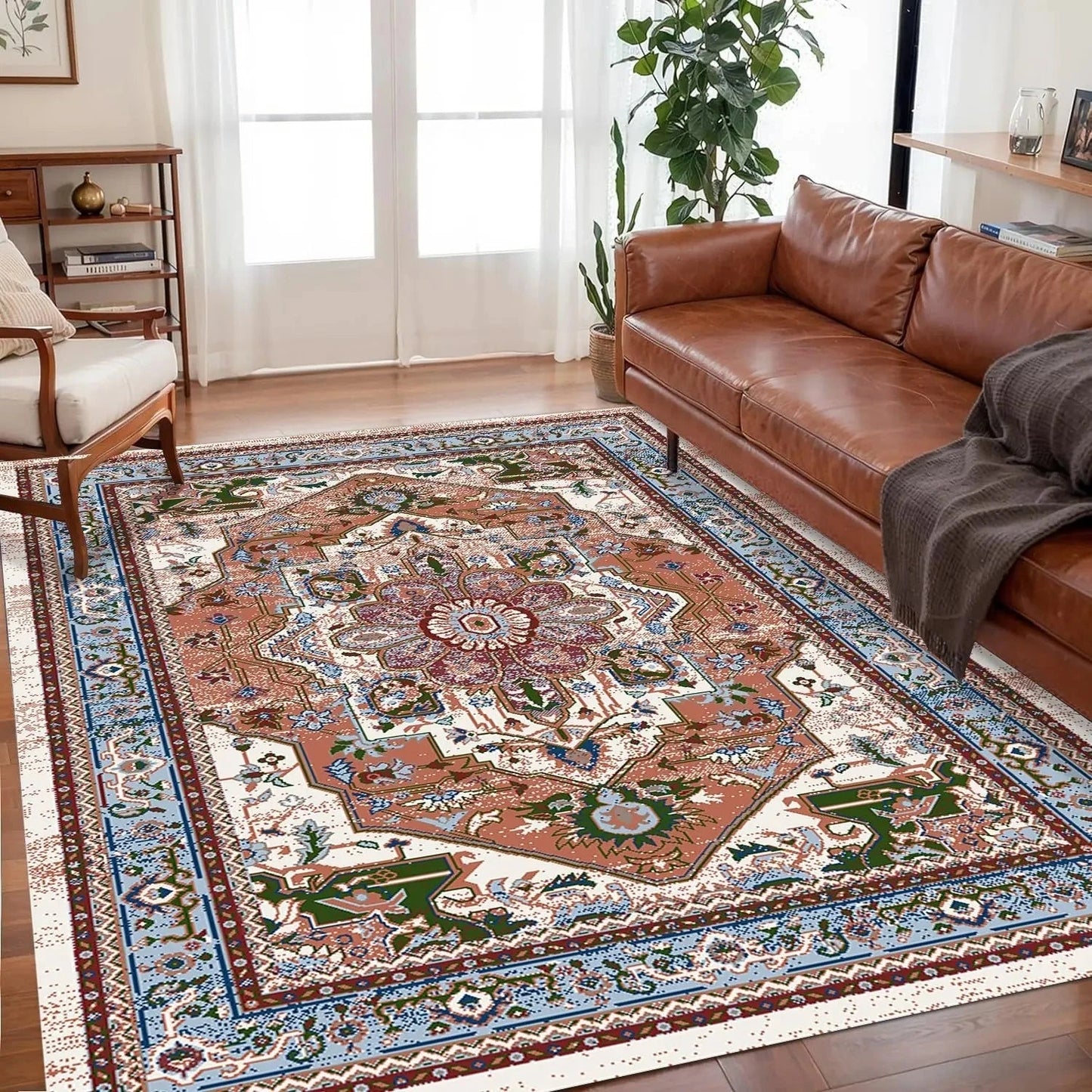 Persian Bohemian Area Rug with Medallion Pattern and Non-Slip Base