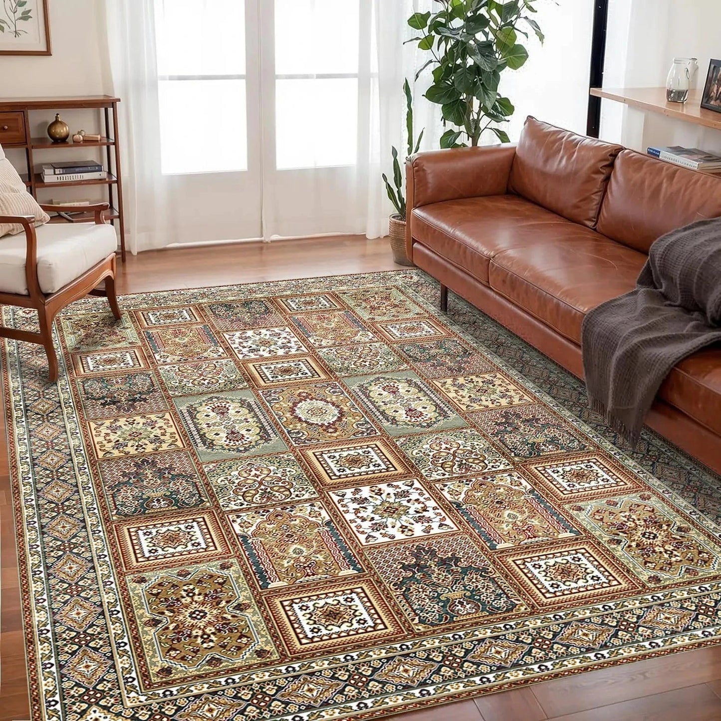 Persian Bohemian Area Rug with Medallion Pattern and Non-Slip Base