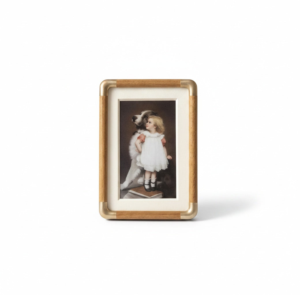 Photo Frame with Wood and Gold Corner Detail for Tabletop Display