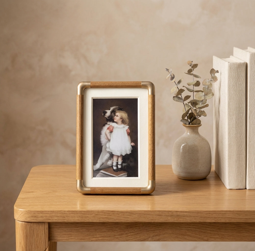 Photo Frame with Wood and Gold Corner Detail for Tabletop Display