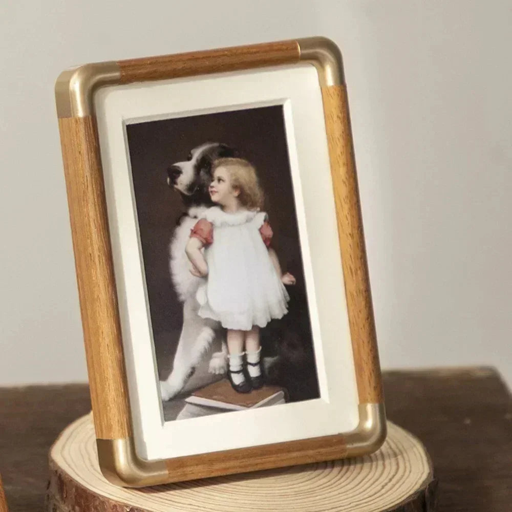 Photo Frame with Wood and Gold Corner Detail for Tabletop Display