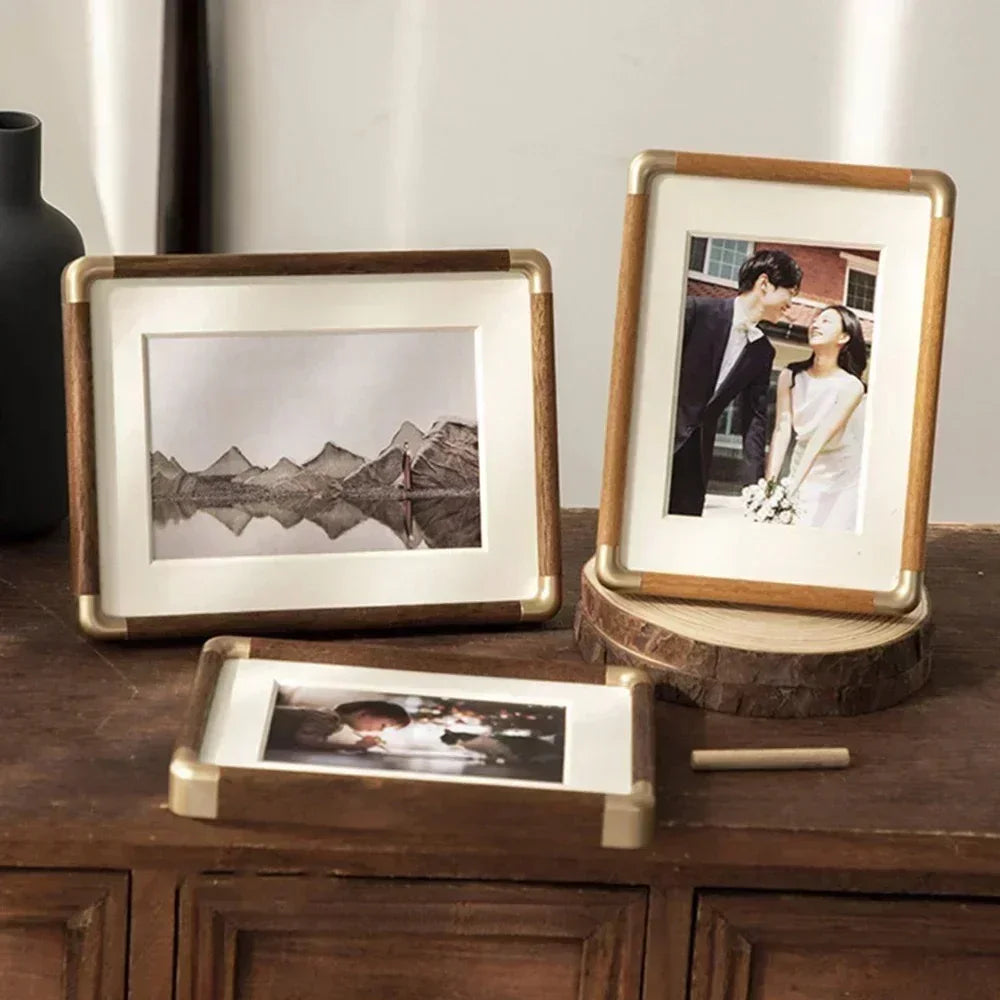 Photo Frame with Wood and Gold Corner Detail for Tabletop Display