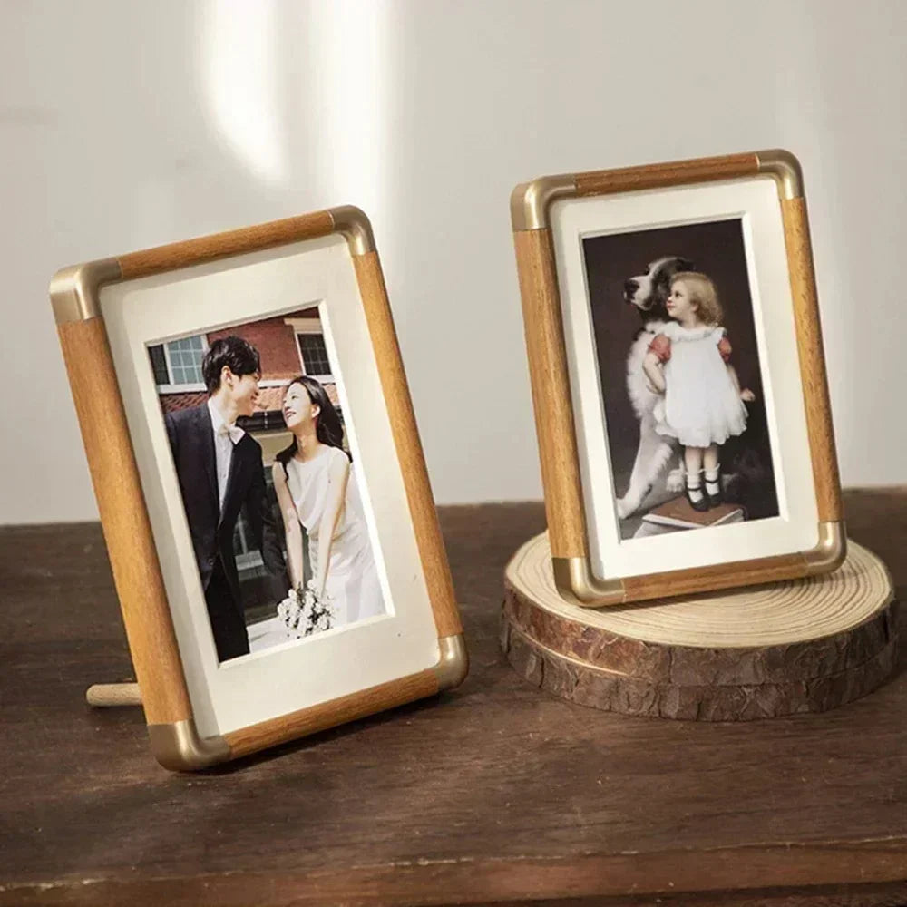 Photo Frame with Wood and Gold Corner Detail for Tabletop Display