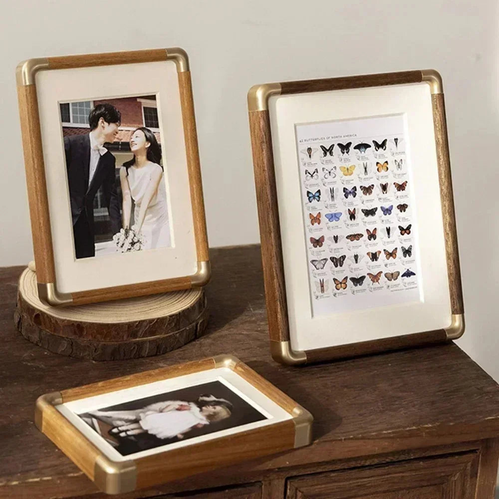 Photo Frame with Wood and Gold Corner Detail for Tabletop Display