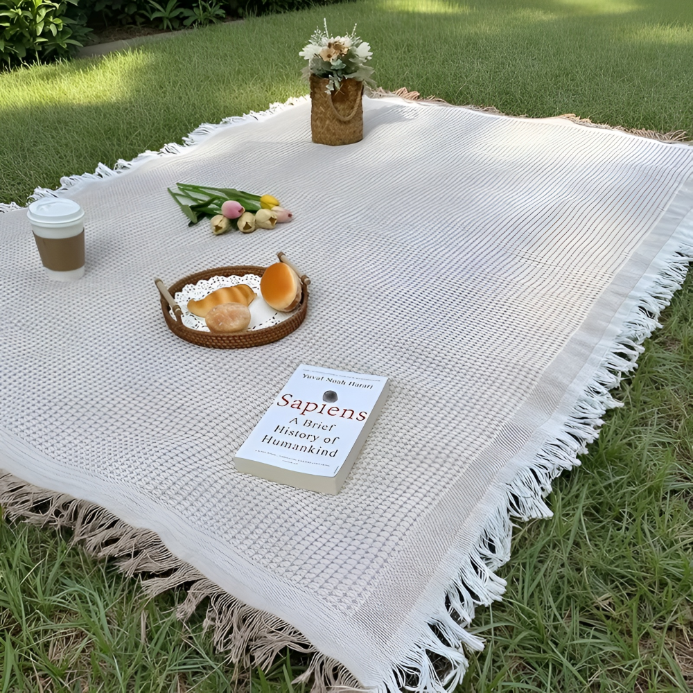 Picnic Blanket with Waffle Weave and Fringe Trim