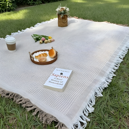 Picnic Blanket with Waffle Weave and Fringe Trim