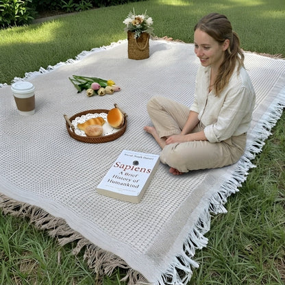 Picnic Blanket with Waffle Weave and Fringe Trim
