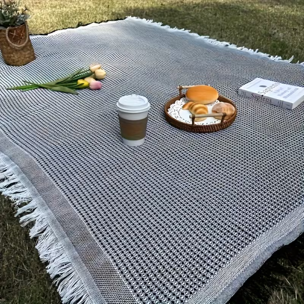Picnic Blanket with Waffle Weave and Fringe Trim