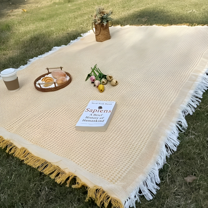 Picnic Blanket with Waffle Weave and Fringe Trim