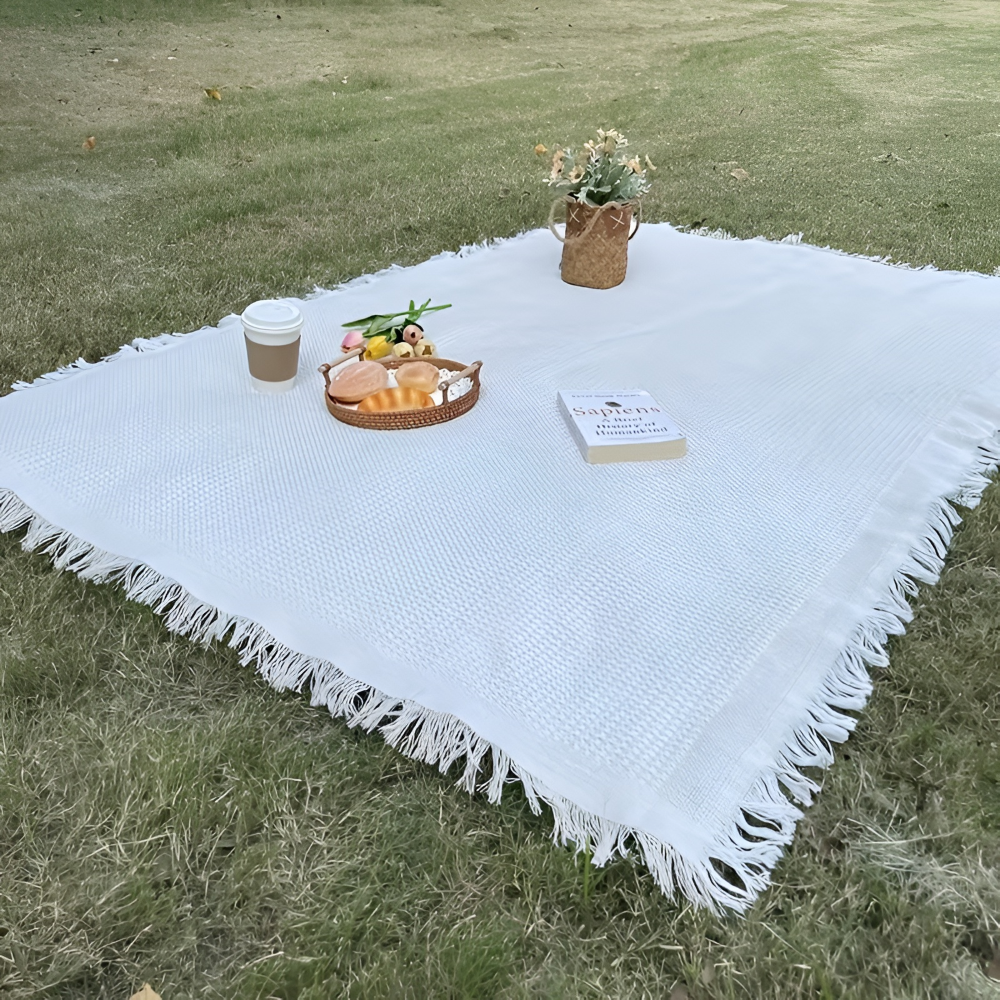 Picnic Blanket with Waffle Weave and Fringe Trim
