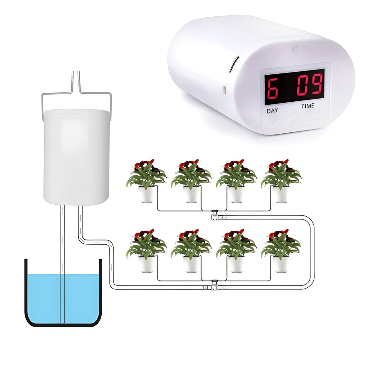 Plant Watering System with Digital Display and Drip Heads