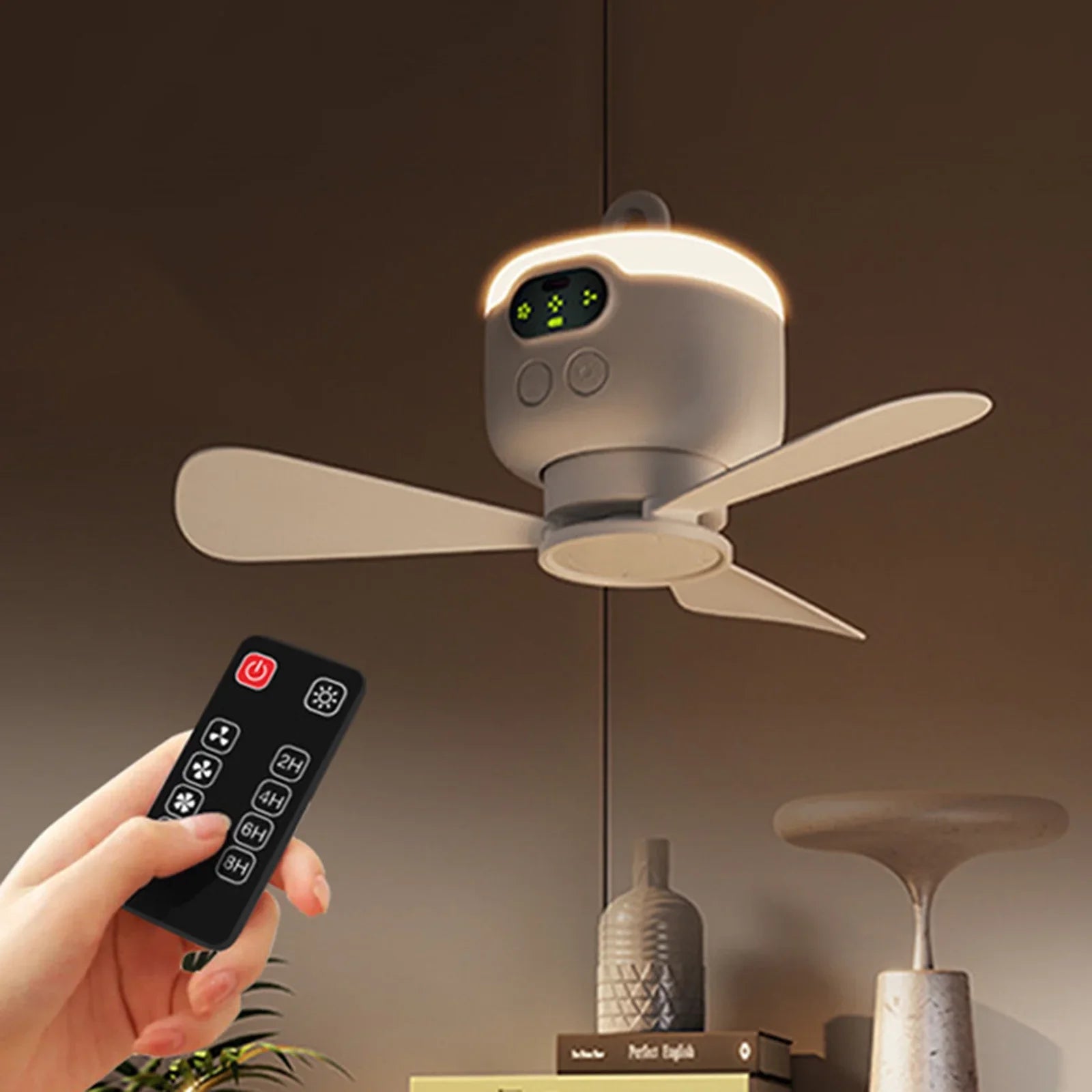 Portable Ceiling Fan with LED Light and Remote Control, USB Rechargeable