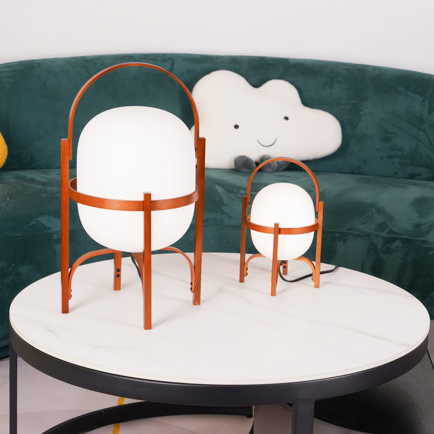 Portable Lantern Table Lamp Scandinavian with Wood Frame and Globe Shade