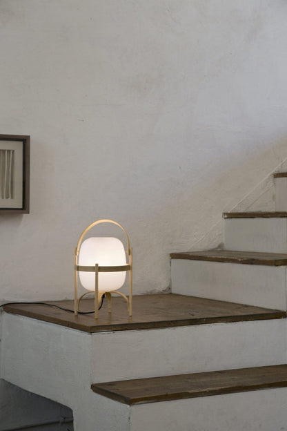 Portable Lantern Table Lamp Scandinavian with Wood Frame and Globe Shade