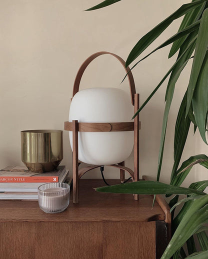 Portable Lantern Table Lamp Scandinavian with Wood Frame and Globe Shade