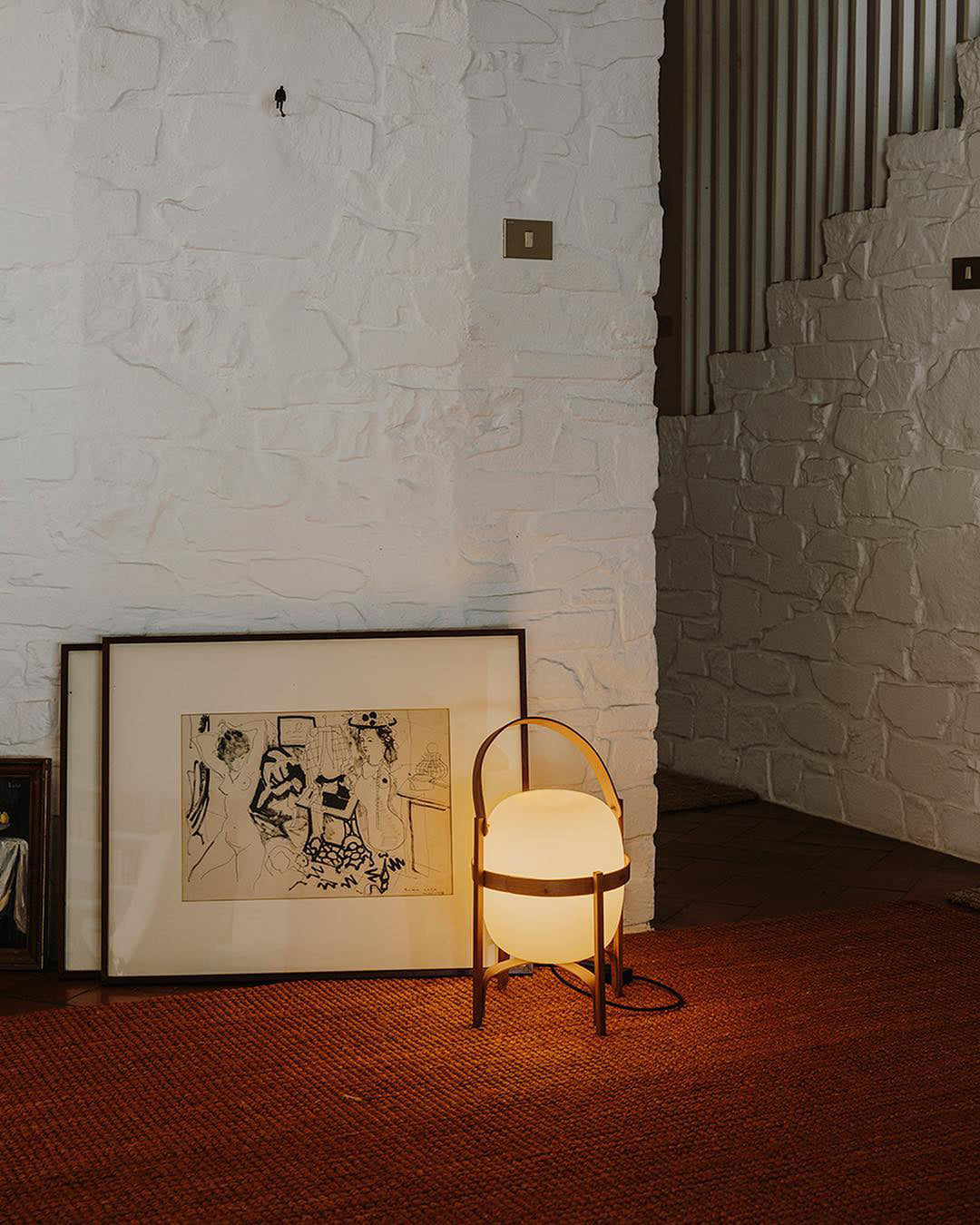 Portable Lantern Table Lamp Scandinavian with Wood Frame and Globe Shade