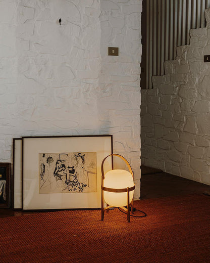 Portable Lantern Table Lamp Scandinavian with Wood Frame and Globe Shade