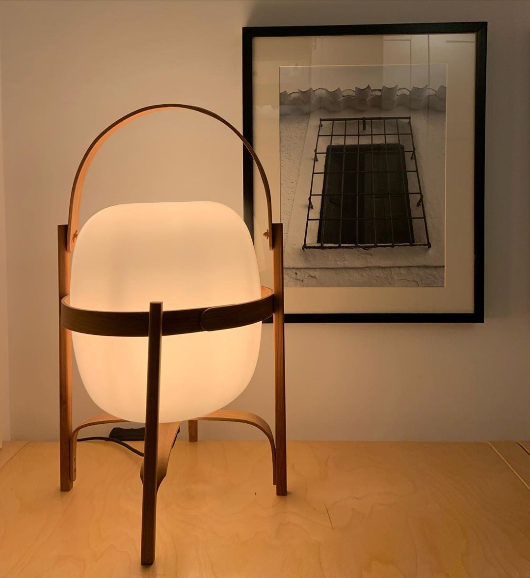 Portable Lantern Table Lamp Scandinavian with Wood Frame and Globe Shade