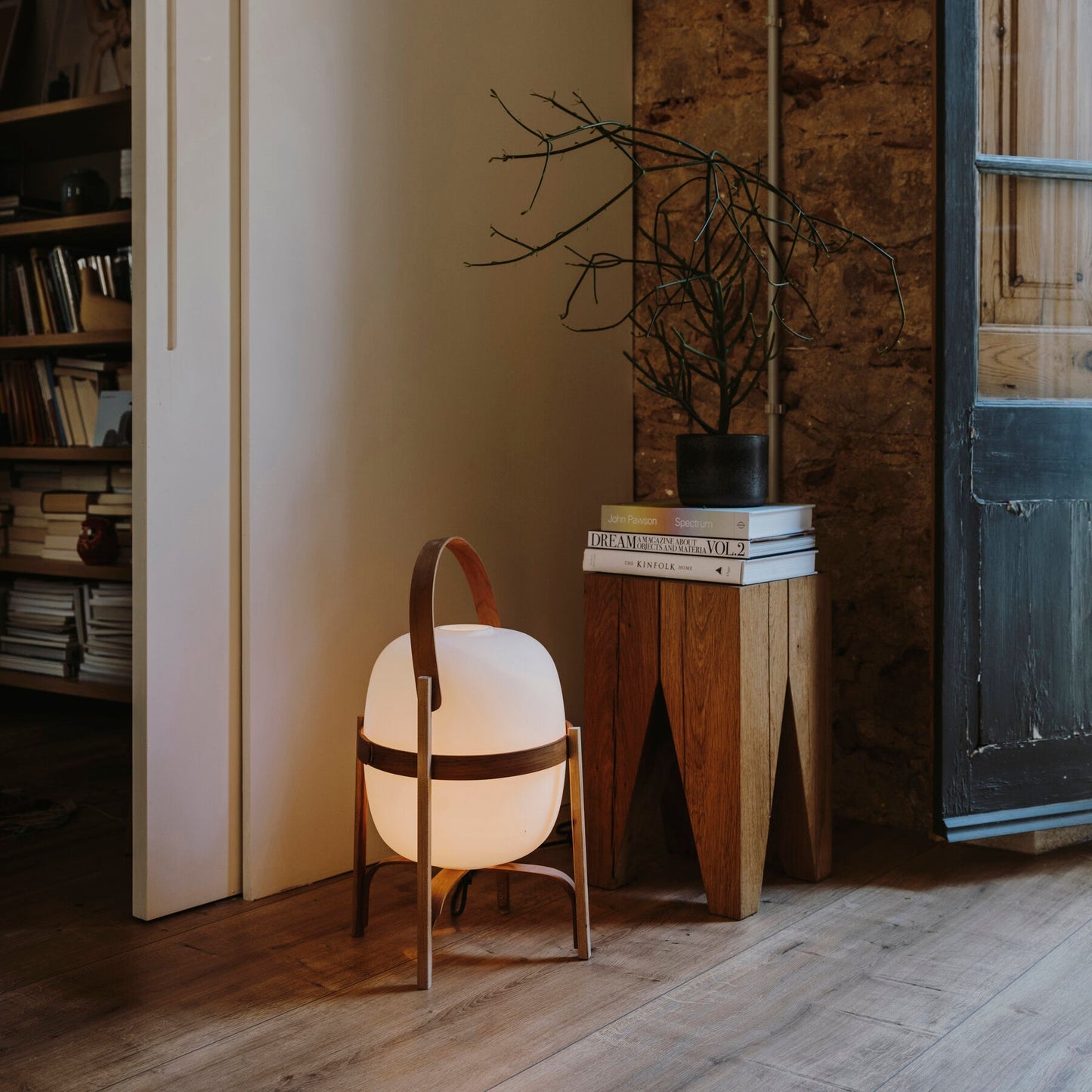 Portable Lantern Table Lamp Scandinavian with Wood Frame and Globe Shade