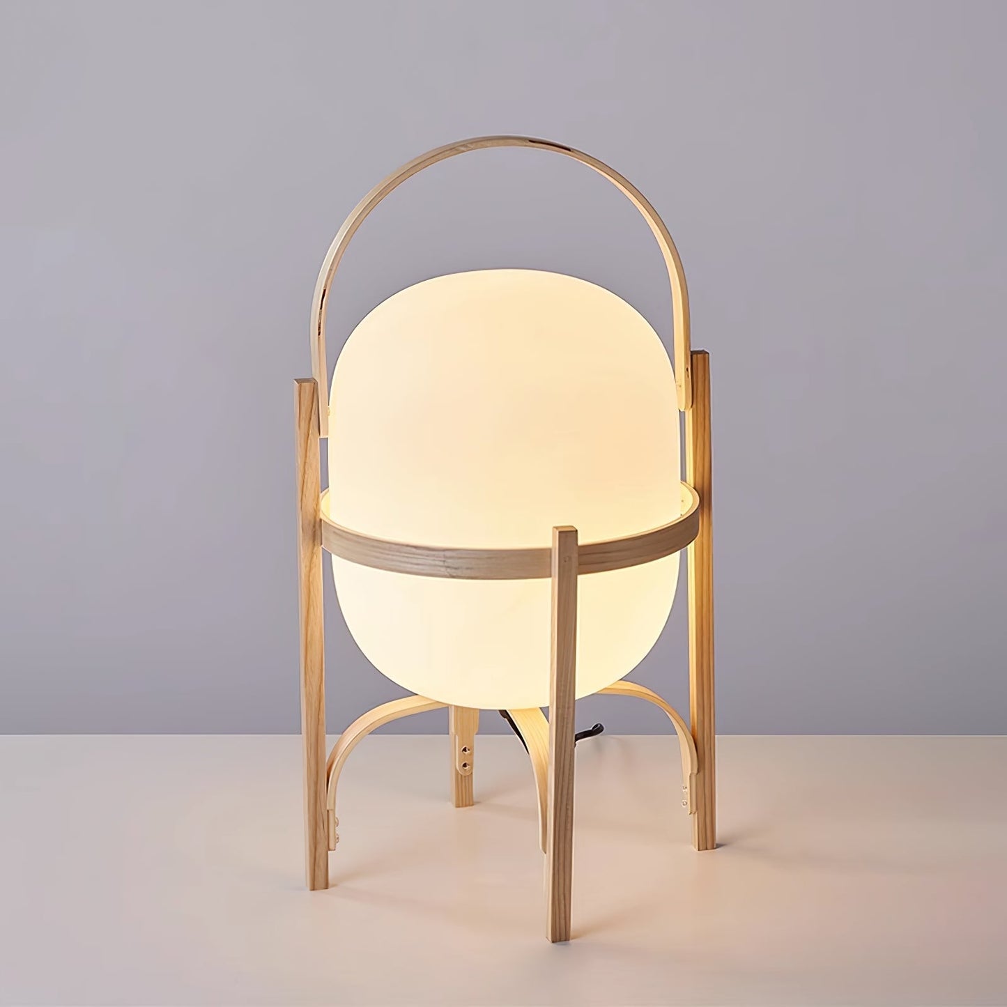 Portable Lantern Table Lamp Scandinavian with Wood Frame and Globe Shade