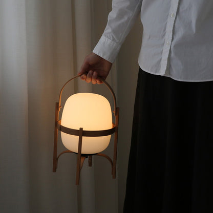 Portable Lantern Table Lamp Scandinavian with Wood Frame and Globe Shade