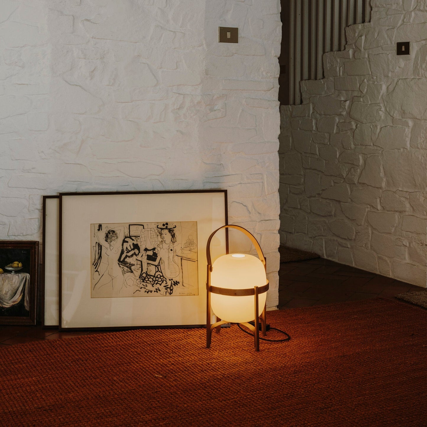 Portable Lantern Table Lamp Scandinavian with Wood Frame and Globe Shade