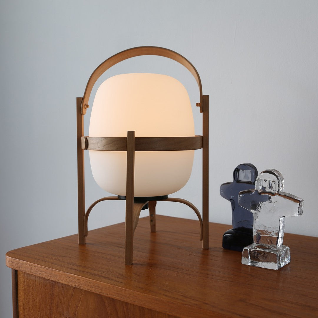 Portable Lantern Table Lamp Scandinavian with Wood Frame and Globe Shade