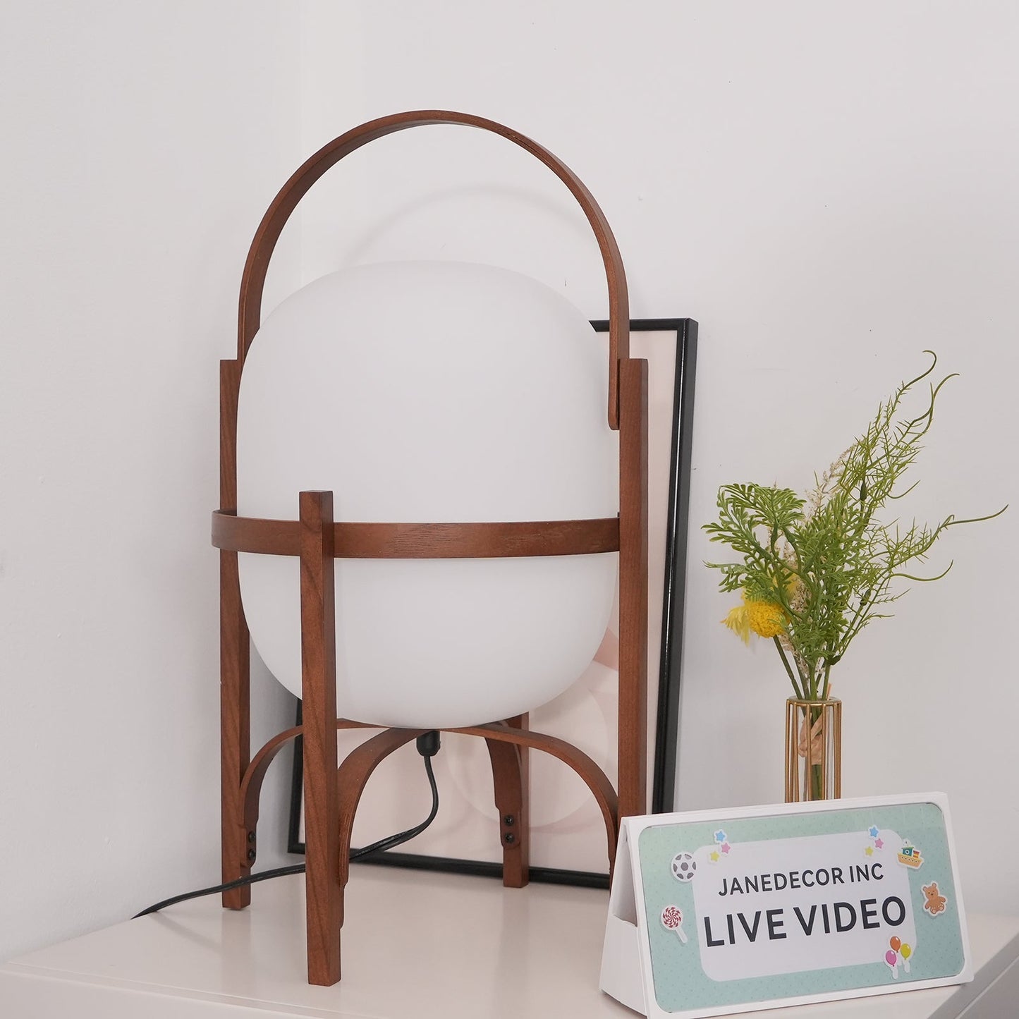 Portable Lantern Table Lamp Scandinavian with Wood Frame and Globe Shade