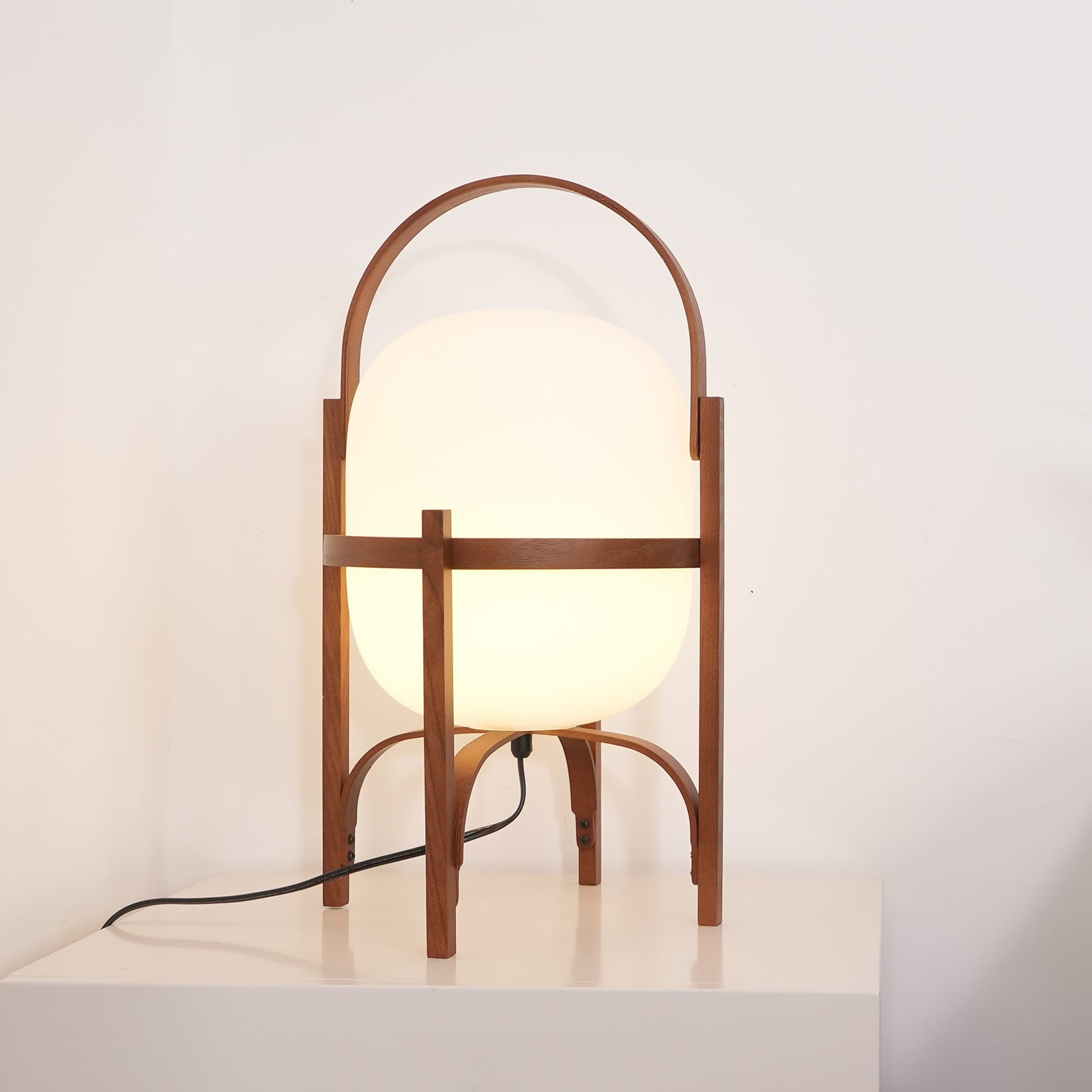 Portable Lantern Table Lamp Scandinavian with Wood Frame and Globe Shade