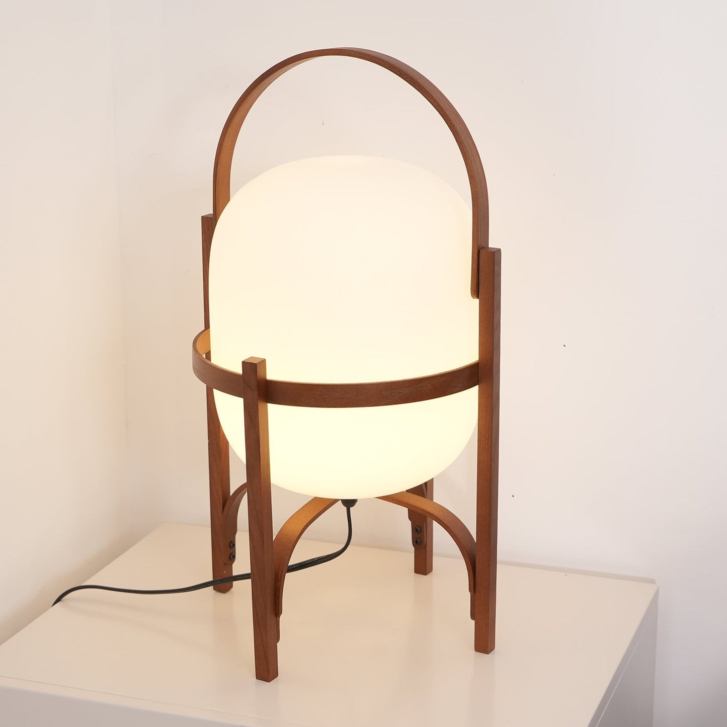 Portable Lantern Table Lamp Scandinavian with Wood Frame and Globe Shade