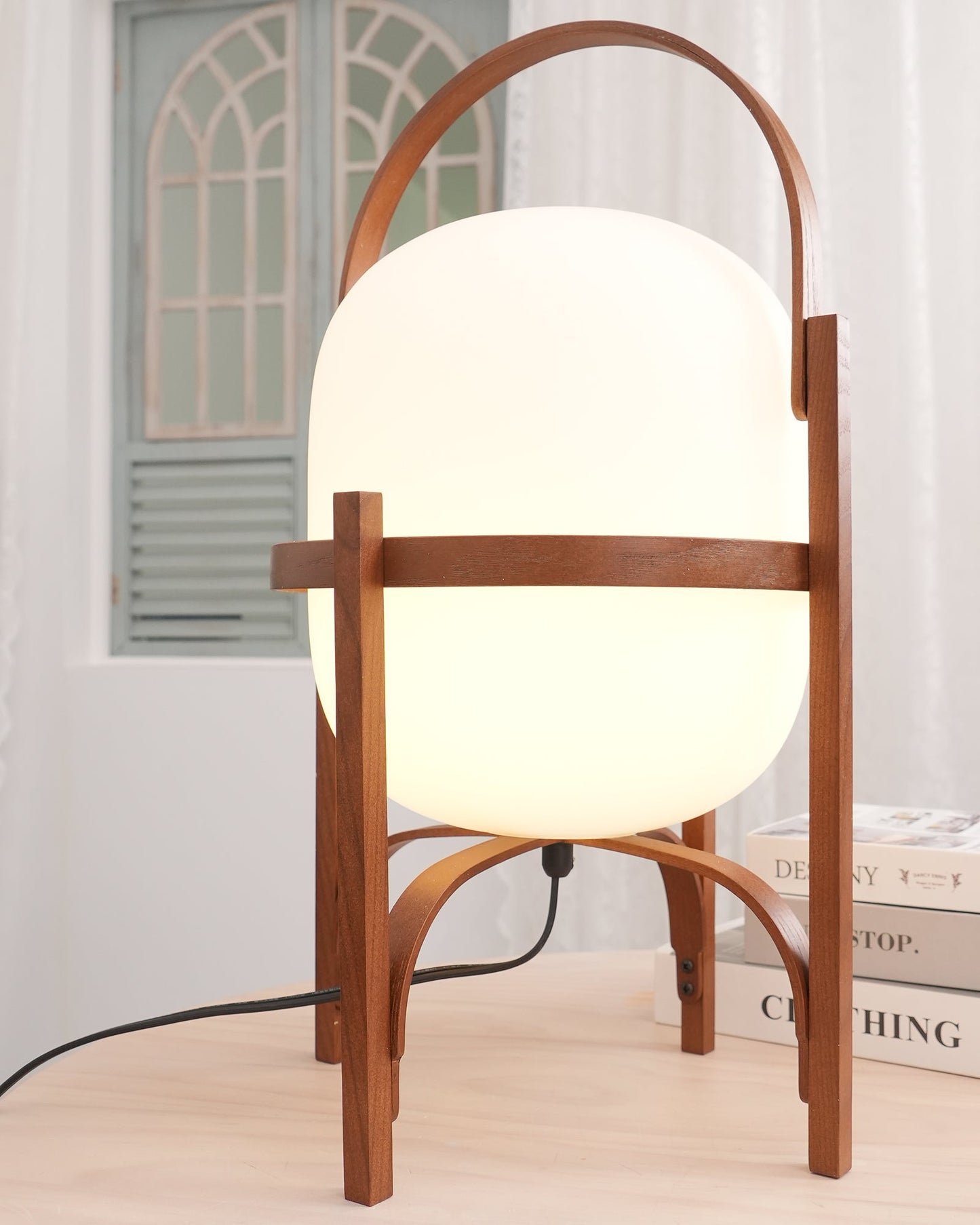 Portable Lantern Table Lamp Scandinavian with Wood Frame and Globe Shade