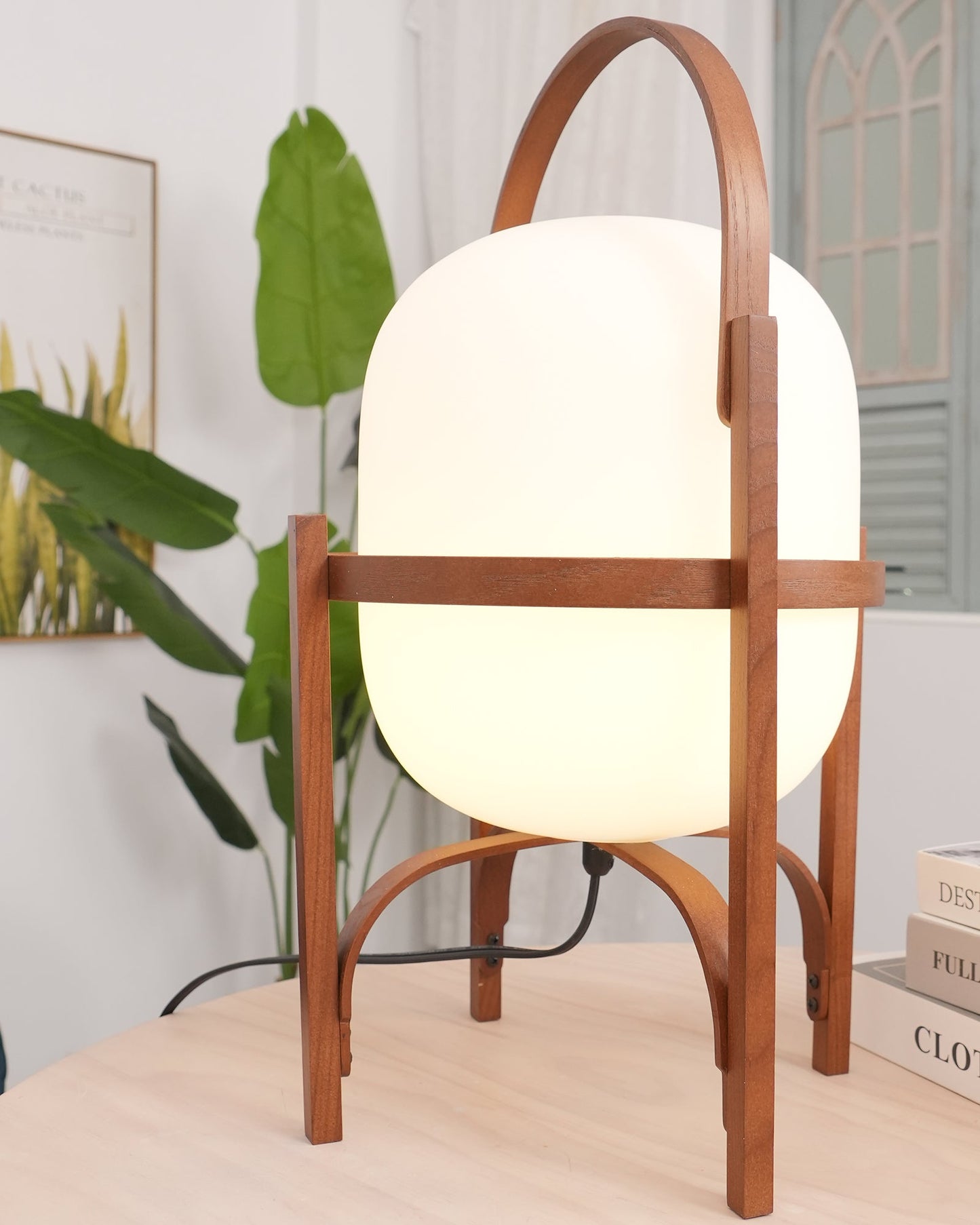 Portable Lantern Table Lamp Scandinavian with Wood Frame and Globe Shade
