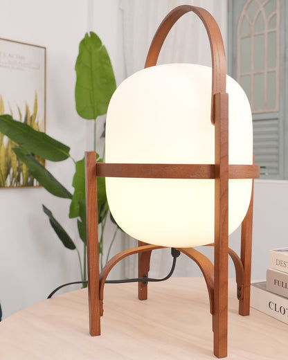 Portable Lantern Table Lamp Scandinavian with Wood Frame and Globe Shade