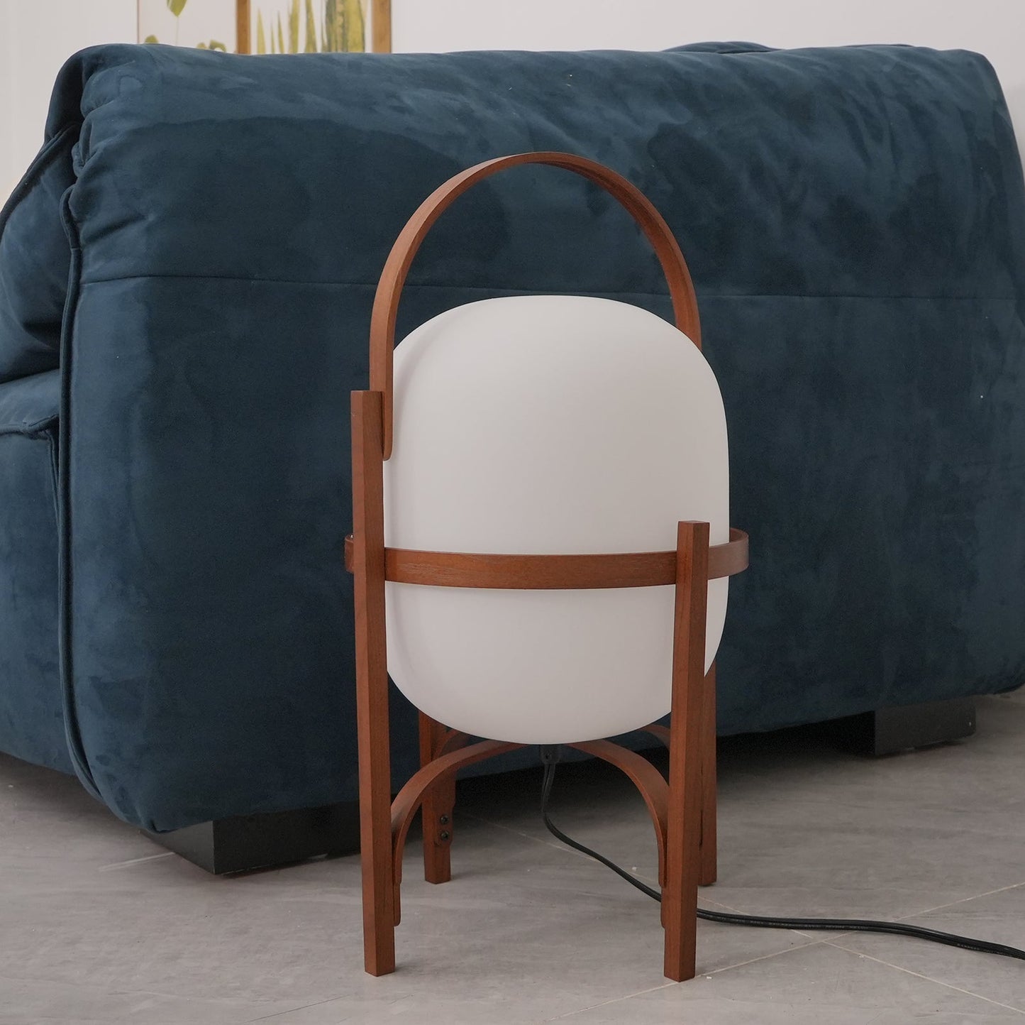 Portable Lantern Table Lamp Scandinavian with Wood Frame and Globe Shade