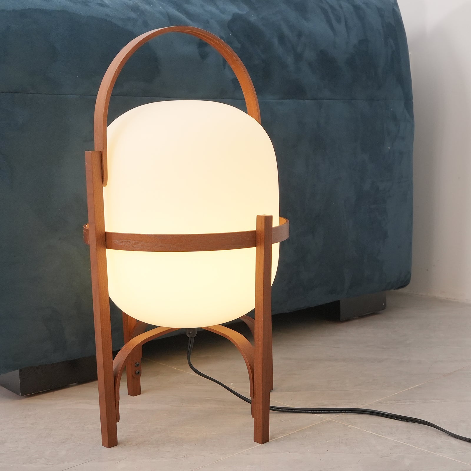 Portable Lantern Table Lamp Scandinavian with Wood Frame and Globe Shade