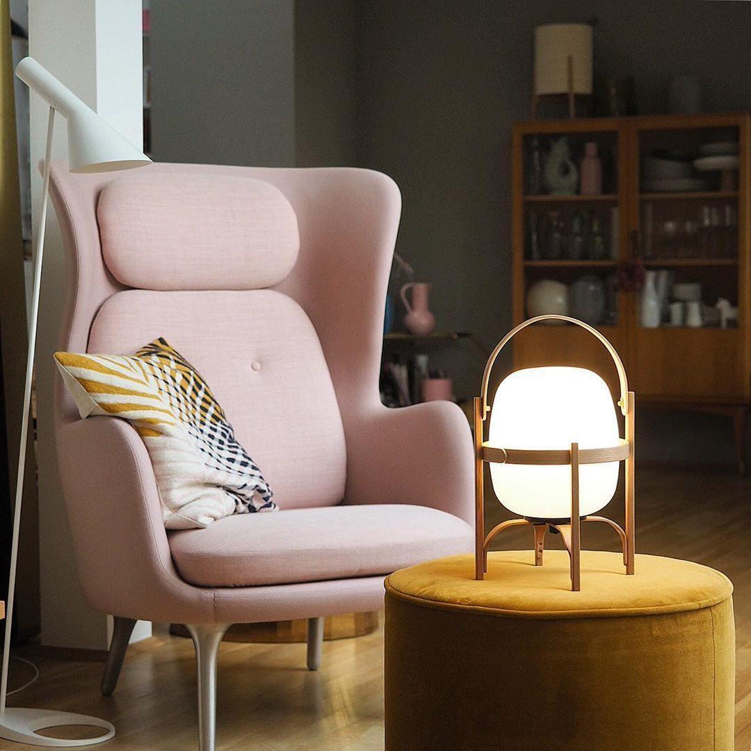 Portable Lantern Table Lamp Scandinavian with Wood Frame and Globe Shade