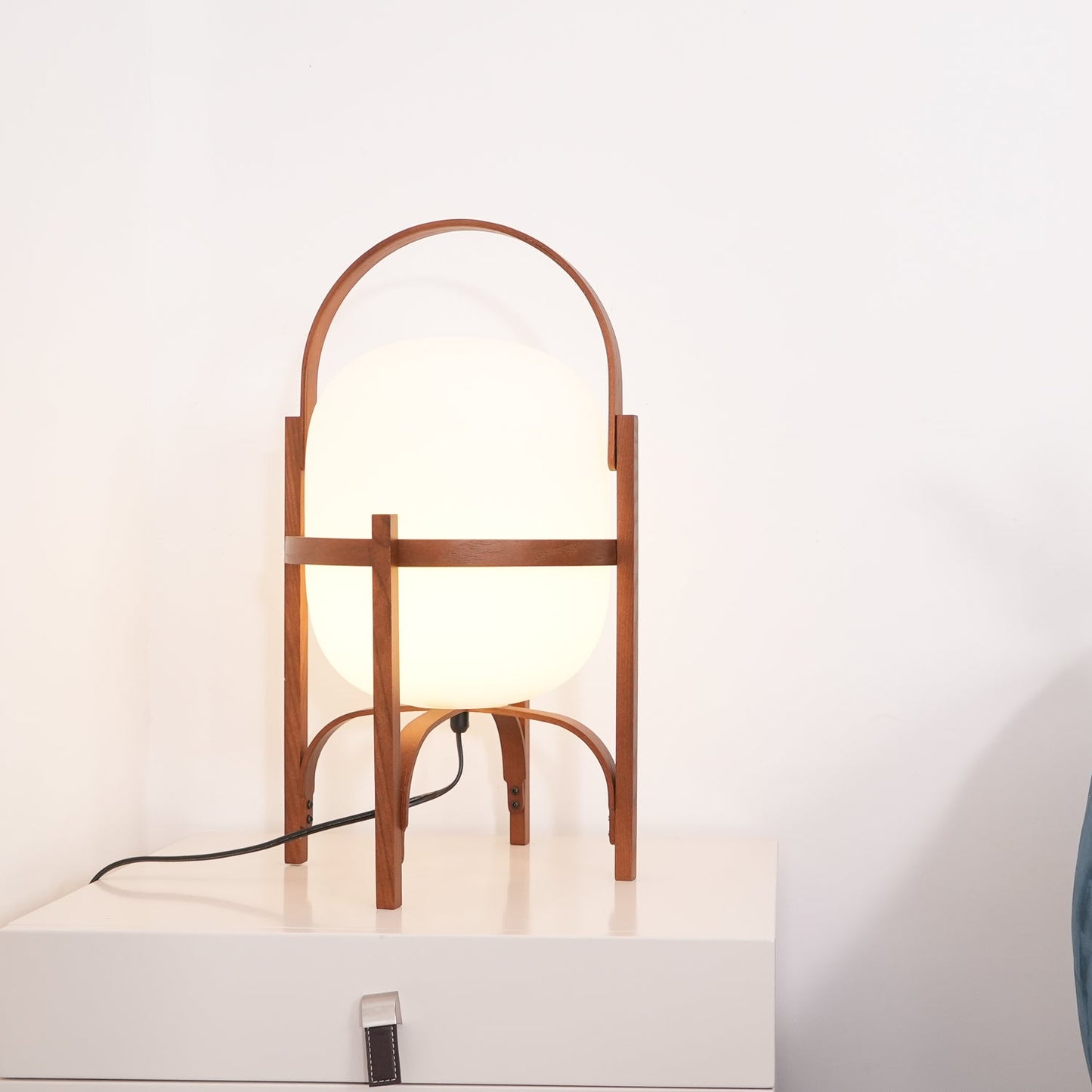 Portable Lantern Table Lamp Scandinavian with Wood Frame and Globe Shade