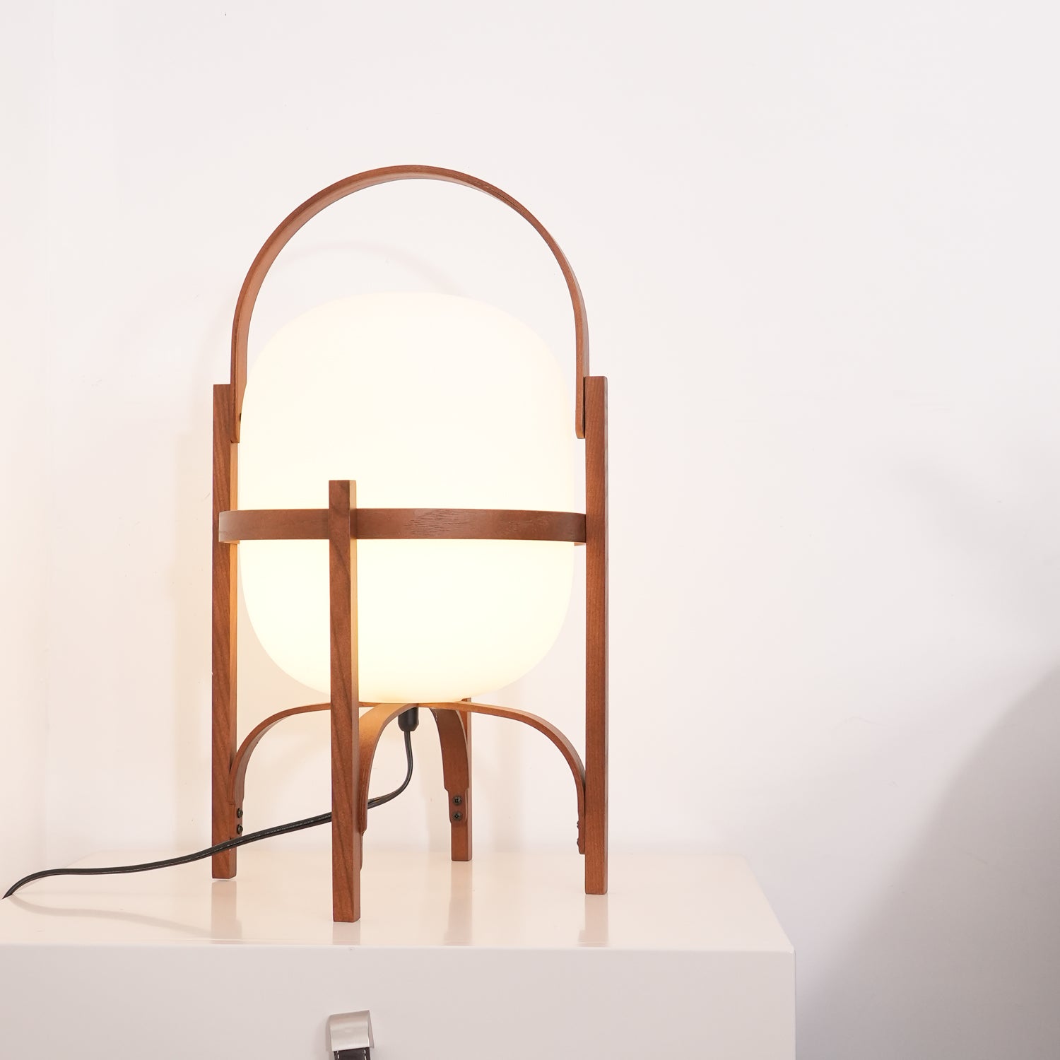 Portable Lantern Table Lamp Scandinavian with Wood Frame and Globe Shade