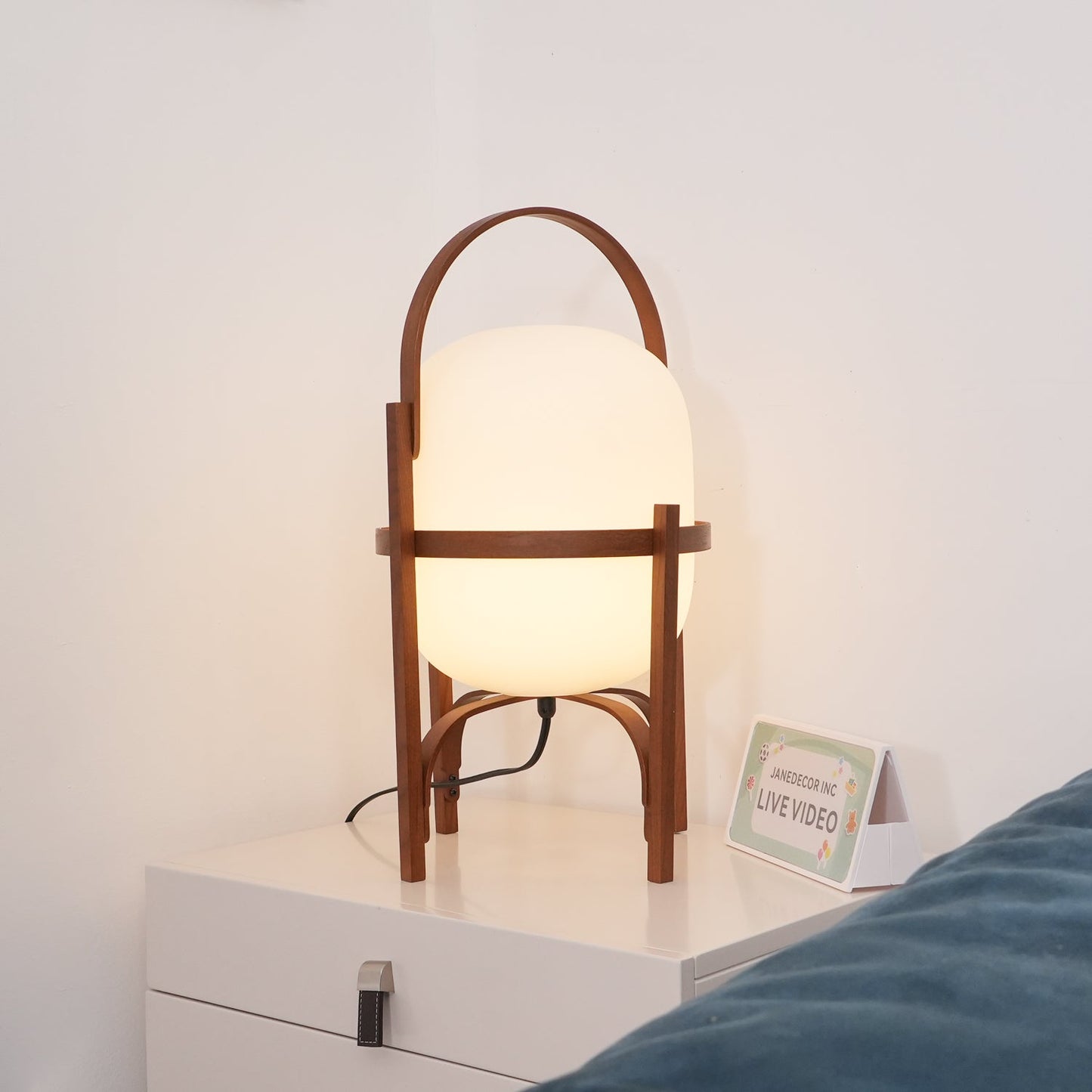 Portable Lantern Table Lamp Scandinavian with Wood Frame and Globe Shade ##POS:75##
