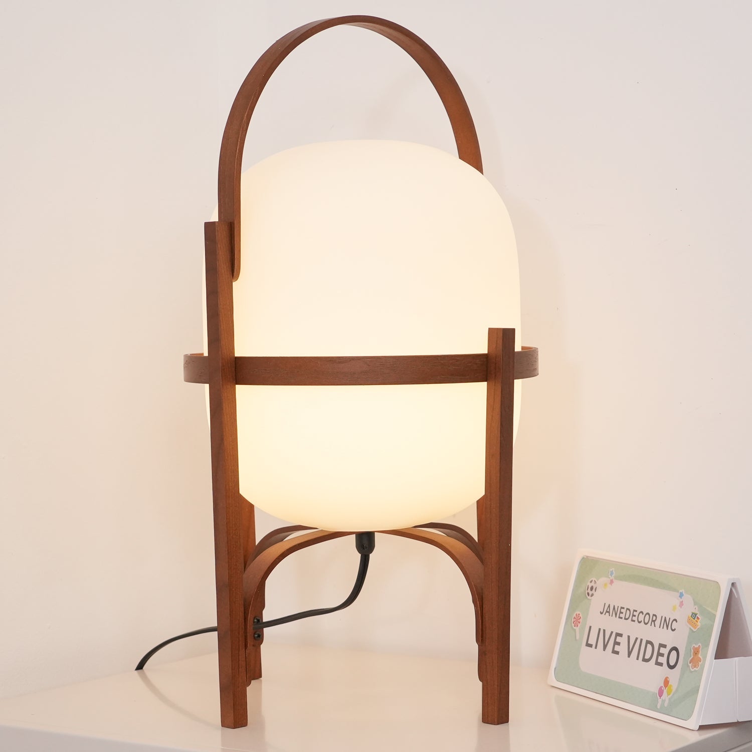 Portable Lantern Table Lamp Scandinavian with Wood Frame and Globe Shade