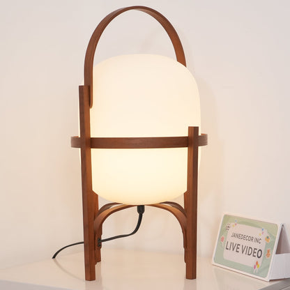 Portable Lantern Table Lamp Scandinavian with Wood Frame and Globe Shade