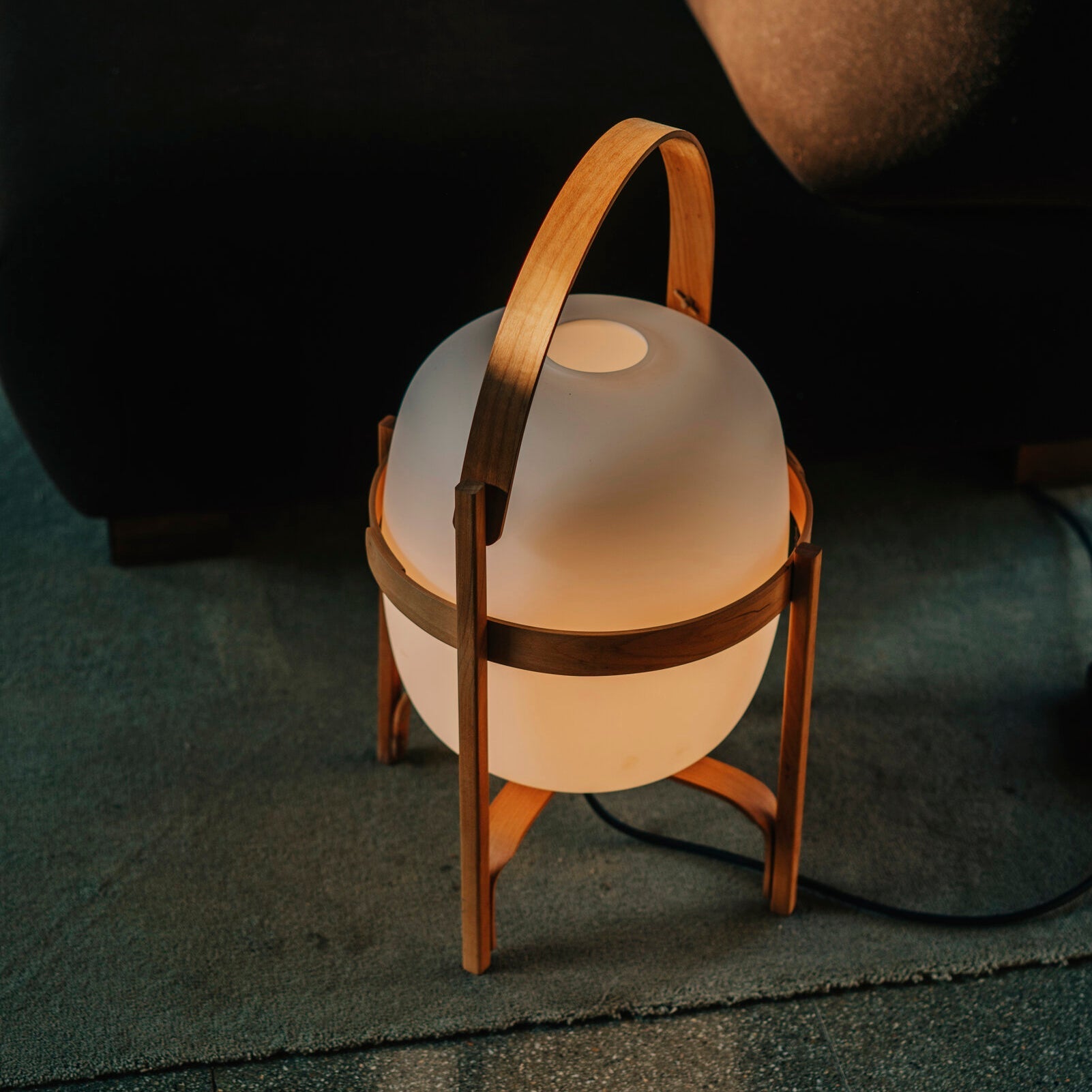 Portable Lantern Table Lamp Scandinavian with Wood Frame and Globe Shade