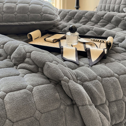 Quilted Fleece Bedspread with Square Texture Pattern and Pillowcases