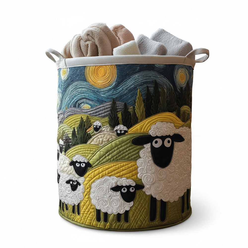 Quilted Laundry Basket with Canvas Handles and Sheep Meadow Print