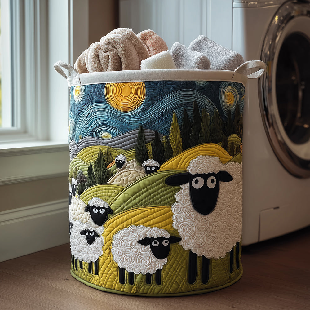 Quilted Laundry Basket with Canvas Handles and Sheep Meadow Print