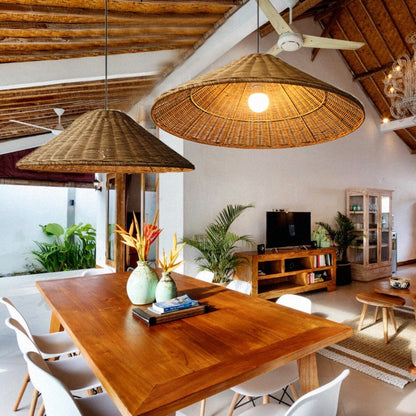 Rattan Pendant Lamp Bohemian with Woven Cone Shade
