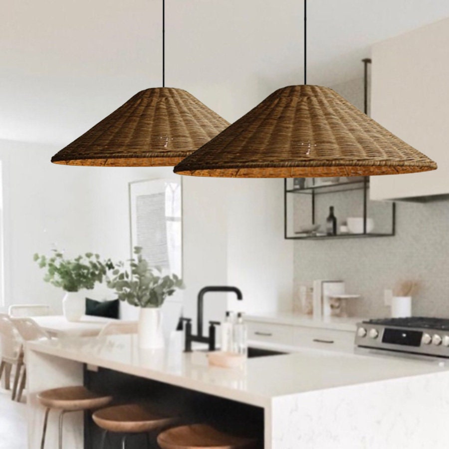 Rattan Pendant Lamp Bohemian with Woven Cone Shade