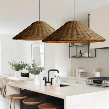 Rattan Pendant Lamp Bohemian with Woven Cone Shade