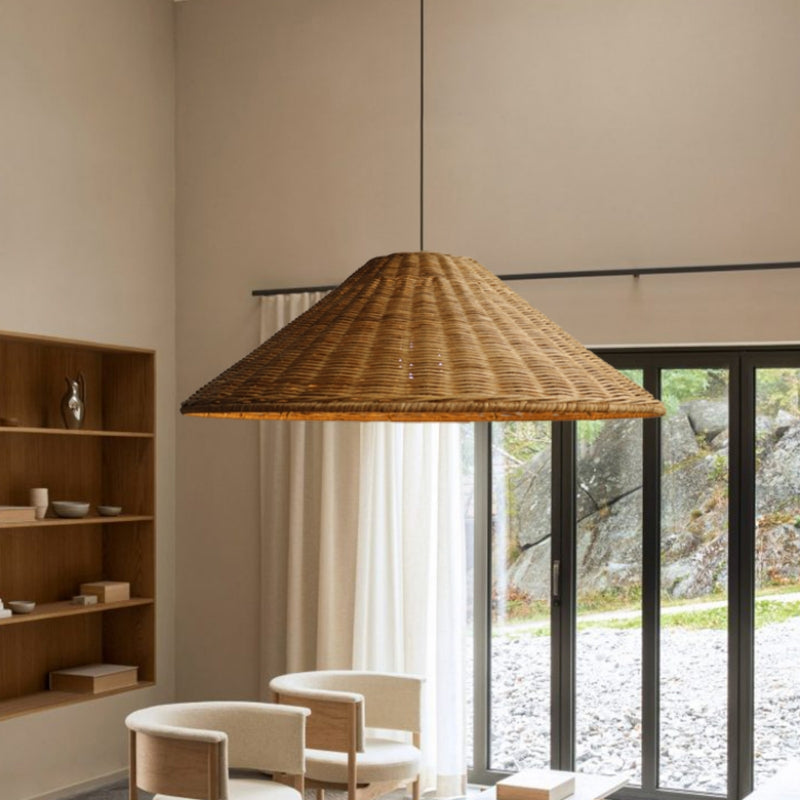 Rattan Pendant Lamp Bohemian with Woven Cone Shade