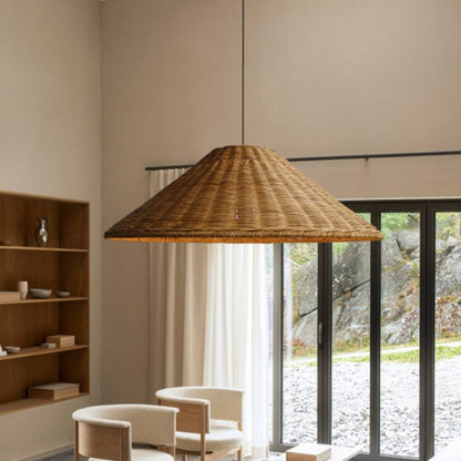 Rattan Pendant Lamp Bohemian with Woven Cone Shade